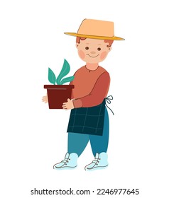 Little boy gardener in a hat and apron holds a pot with seedlings .Vector doodle cartoon illustration.