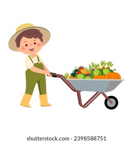 Jardinero de niños empujando carretilla llena de verduras