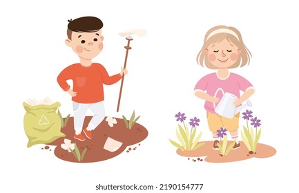 Little Boy Gathering Garbage and Girl Watering Flower Caring About Nature and Planet Vector Set