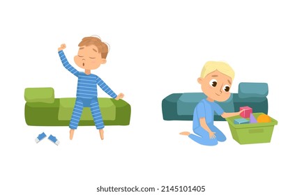 Little Boy Gathering Toys and Yawning Going to Bed Vector Set