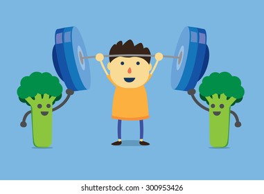 Little boy get power from broccoli he can easily do weightlifting. This is a concept about eating vegetables for children