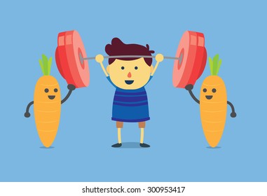 Little boy get power from carrot he can easily do weightlifting. This is a concept about eating vegetables for children
