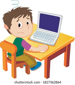 little boy gets tired because he has been using the computer for a long time