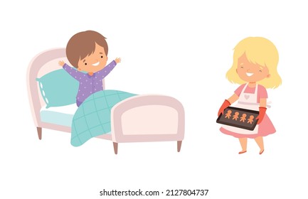 Little Boy Getting Up from Bed in the Morning and Girl with Baked Cookies Vector Set