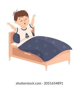 Little Boy Getting Up or Waking Up in the Morning Engaged in Daily Activity and Everyday Routine Vector Illustration