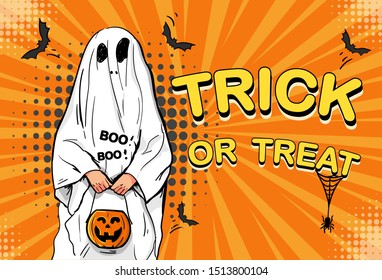 Little boy in a ghost costume scares. Halloween vector illustration. Halloween Party Message in pop art style. trick or treat. Happy Halloween. Banner for kids party