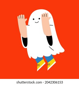 Little boy in ghost costume for Trick or Treat on white background. Happy Halloween Concept. 