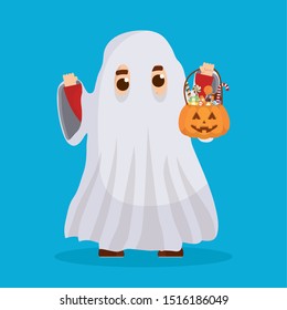 little boy with ghost disguise and candies pumpkin vector illustration design