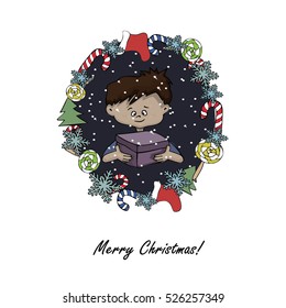 Little boy with a gift on a background of candy, a Christmas tree, snow, socks, bows, snowflakes. Happy New Year and Merry Christmas. Vector illustration
