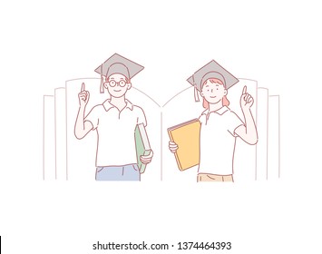 Little boy and girl in academic hat with book. Hand drawn style vector design illustrations.