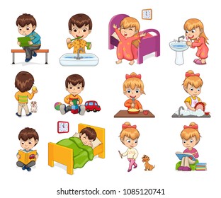 Little boy and girl activities collection, walking dog, playing games, sleeping in bed, waking up, brushing teeth set isolated on vector illustration