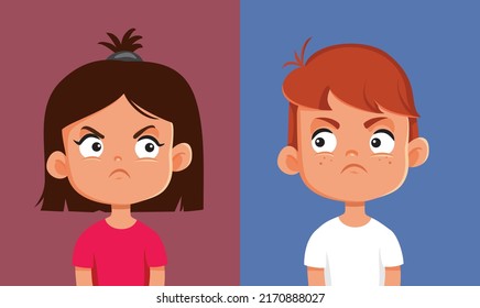 
Little Boy and Girl Angry at Each Other Vector Cartoon Illustration. Rival siblings feeling envious and grumpy fighting all the time
