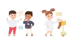 Little Boy and Girl Asking Question and Sending Letter in Postbox Vector Set