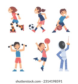 Little Boy and Girl Athlete Doing Different Sport Vector Set