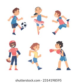 Little Boy and Girl Athlete Doing Different Sport Vector Set