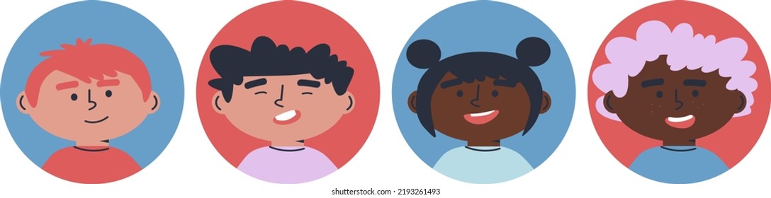 Little Boy And Girl Avatar Vector. Funny Cartoon Kids Characters. Happy Kids Profile Icons. Icons For Games, Online Communities, Web Forums. Vector Illustration In Flat Cartoon Style