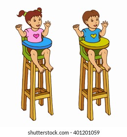 Little boy and girl in baby highchair. Vector clip-art cartoon illustration isolated on a white background.