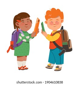 Little Boy and Girl with Backpack Holding Tablet PC and Smart Phone Gadget Vector Illustration
