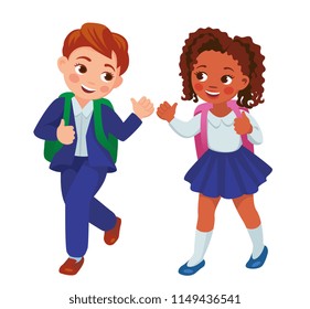 Little boy and girl with backpacks in school uniform going to school. Cartoon vector illustration