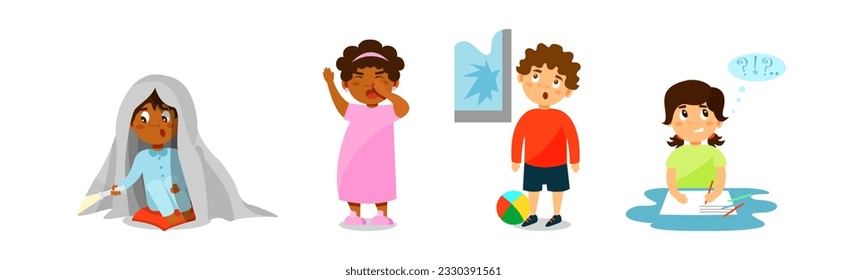 Little Boy and Girl with Bad and Naughty Behavior Vector Set