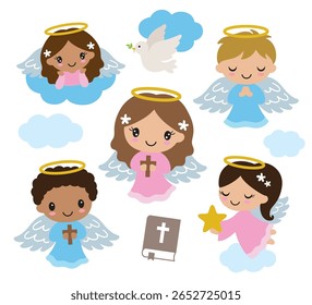 Little boy and girl baptism angels praying and holding cross vector illustration. Cute children angels clip art.