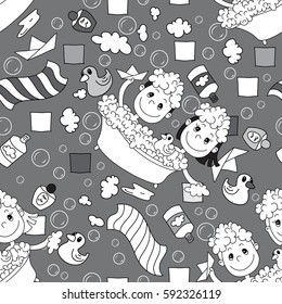 Little boy and little girl bathes in a bathroom in foam with the rubber duck, paper boat, towel, shampoo, soap bubbles