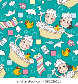 Little boy and little girl bathes in a bathroom in foam with the rubber duck, paper boat, towel, shampoo, soap bubbles