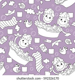 Little boy and little girl bathes in a bathroom in foam with the rubber duck, paper boat, towel, shampoo, soap bubbles