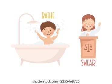 Little Boy and Girl Bathing and Swearing Demonstrating Vocabulary and Verb Studying Vector Set