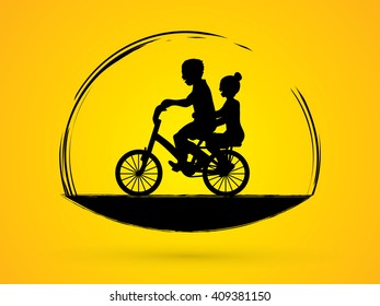 Little boy and girl are biking graphic vector.