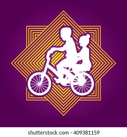 Little boy and girl are biking on line square background graphic vector.