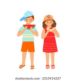 Little boy and girl in bright summer clothes, sun hat, cap and flip flops hold and eat watermelon and melon. Vector illustration of children with seasonal summer fruits isolated on white background.