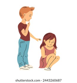 Little boy and girl. The brother asks his sister for forgiveness. The girl is offended and crying. Children and childhood. Vector illustration isolated on white background