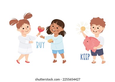 Little Boy and Girl Buying Cookie and Keeping Money in Piggy Bank Demonstrating Vocabulary and Verb Studying Vector Set