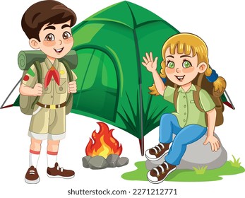 little boy and girl camping cartoon vector