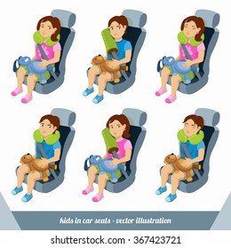 Little boy and girl are in the car seats with safety belts and travel pillows. Toddlers are in transportation seats with neck pillows. Illustration about safe travel of children. Vector images set.