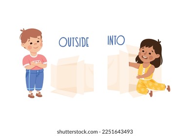 Little Boy and Girl with Cardboard Box as Preposition Demonstration Vector Set