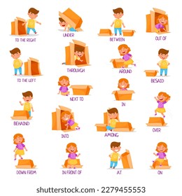 Little Boy and Girl with Carton Box as Prepositions of Place Demonstration Big Vector Set