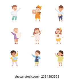 Little Boy and Girl Character Standing and Tell Story or Recite Poetry Vector Illustration Set