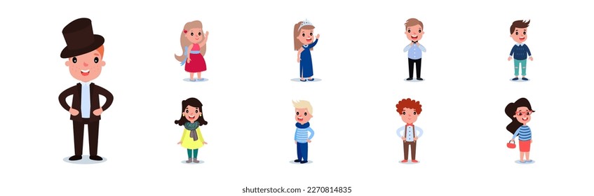 Little Boy and Girl Characters Dressed in Fashionable Garment Vector Set
