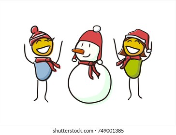 Little boy and girl characters having fun with a snowman. Snow outside its time for fun. Christmas time vector doodle illustration. Merry Christmas