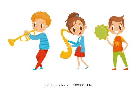 Little Boy and Girl Characters Playing Trumpet and Tembrel Vector Illustration Set