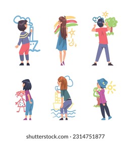 Little Boy and Girl Characters Standing and Drawing with Crayons on Wall Vector Set