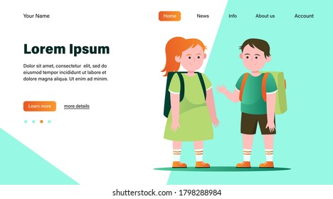 Little boy and girl chatting with each other. Pupil, backpack, school flat vector illustration. Friendship and childhood concept for banner, website design or landing web page
