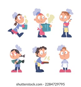 Little Boy and Girl Chef Character in Toque Cooking Food Vector Set