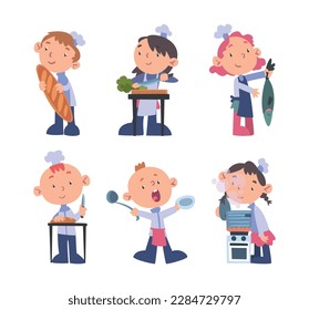 Little Boy and Girl Chef Character in Toque Cooking Food Vector Set