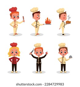 Little Boy and Girl Chef Character in Toque Cooking Food Vector Set