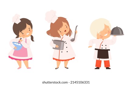 Little Boy and Girl Chef in White Toque and Jacket Holding Tray with Appetizing Dish and Ladle Vector Set