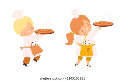 Little Boy and Girl Chef in White Toque and Jacket Holding Hot Baked Pizza Vector Set