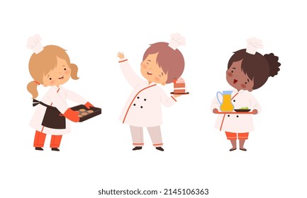 Little Boy and Girl Chef in White Toque and Jacket Holding Cookie and Cake Vector Set